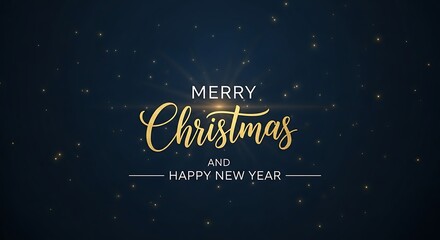 Elegant merry christmas and happy new year greeting card with golden typography on a dark blue background, perfect for festive celebrations and holiday wishes