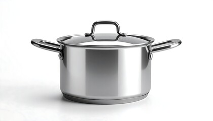 Shiny stainless steel pot with lid, angled view