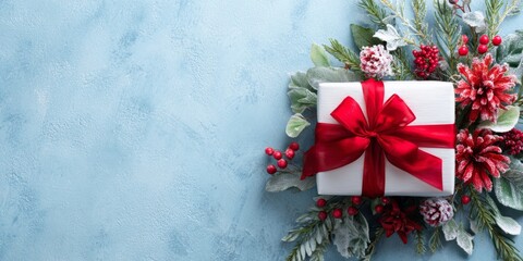 Fototapeta premium Creative holiday gift arrangement featuring a white box with red ribbon and seasonal greenery on a blue background
