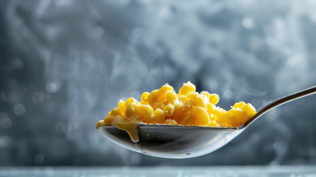 Spoon of macaroni and cheese with lightning backdrop