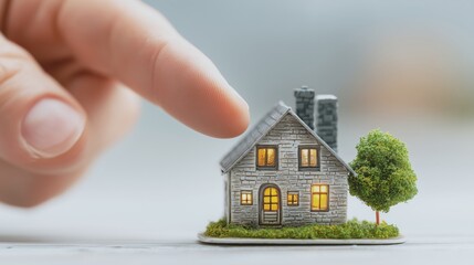 Protecting a Small House Model with a Finger. Home buying concept.