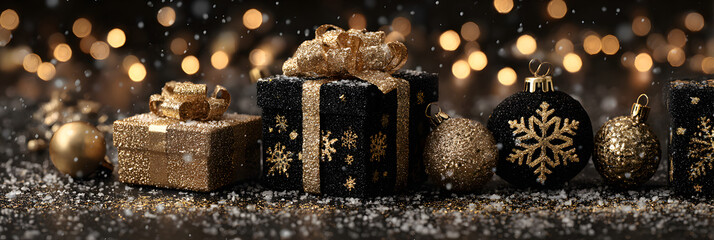Christmas banner. Background Xmas design of sparkling lights garland, with realistic gifts box, black snowflake and glitter gold confetti. Horizontal christmas poster, greeting cards, headers, website