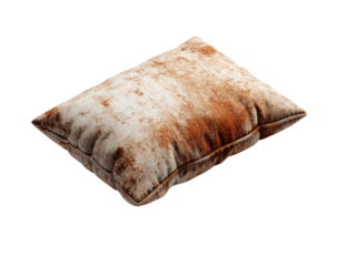 Rusty, aged pillow, off-white with brown stains