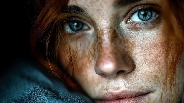 A detailed close-up of a young woman's face, highlighting her bright blue eyes, numerous freckles, and auburn hair.