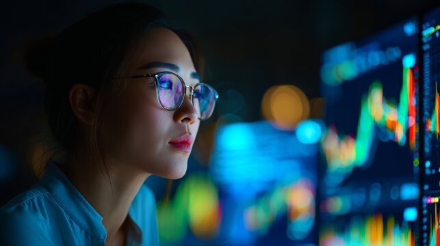 Empowered by numbers: a glimpse into financial data analysis. Digital control. Stock market analysis by a finance officer in a conference room. Tech panels. Neon displays.