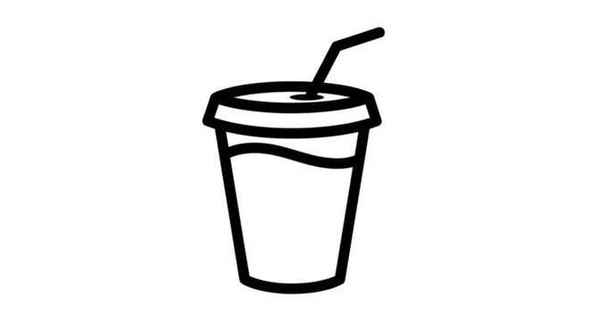 Outline illustration of a soda drink cup with straw isolated on transparent background