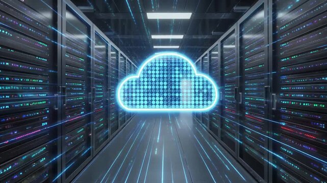 Data Center Server Room with Cloud Computing Concept Blue Light Trails Flowing Toward Glowing Cloud Shape