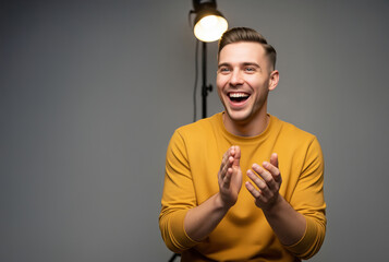 Talent booking hero for comedy clubs about podcast guest interview moments with applause useful for event ticketing apps for show schedules and streaming network banners during casting calls