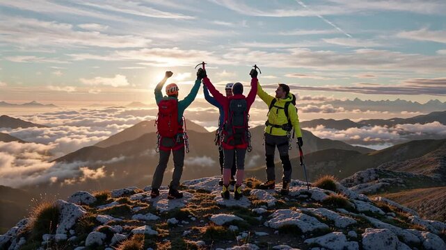 three hikers celebrate sunrise summit with unity and vibrant gear detail | travel, adventure, motivation, nature, achievement theme