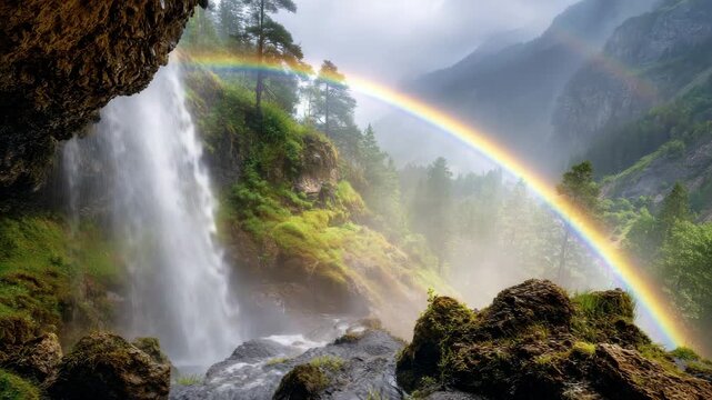 Stunning waterfall with a vibrant rainbow in a lush, green mountain landscape