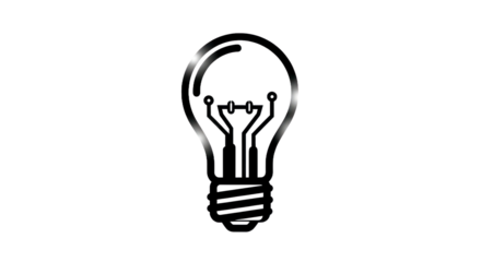 Outline of a lightbulb with bright metallic lines against transparent background