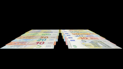 Two piles of assorted euro banknotes from one hundred to five euros arranged in neat parallel rows, isolated on a plain black background in a tilted studio view.