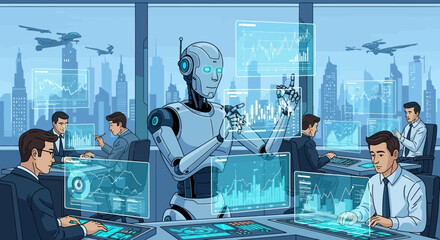 A sophisticated humanoid robot collaborates with human professionals in a futuristic office, analyzing complex data on holographic screens amidst a high-tech cityscape.