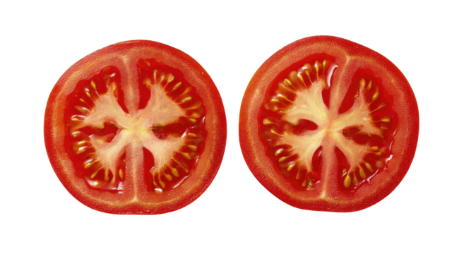 Two tomato halves, vibrant red,  showing interior seeds