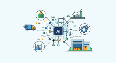 An insightful vector illustration highlighting artificial intelligence's pivotal role in streamlining modern supply chains, optimizing logistics, data, and business efficiency.