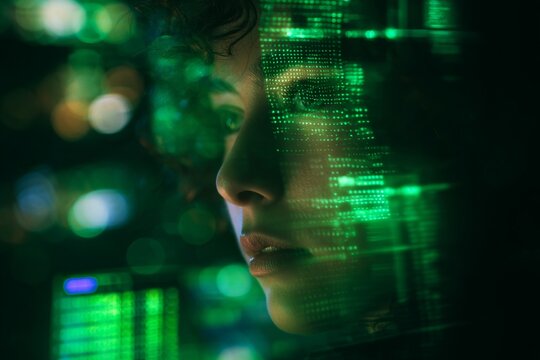 Guardians of the digital realm: a day in a high-tech command center. Financial report. Green glow and code: an expert watching over ai in a command center. Risk assessment. Revenue graphs.