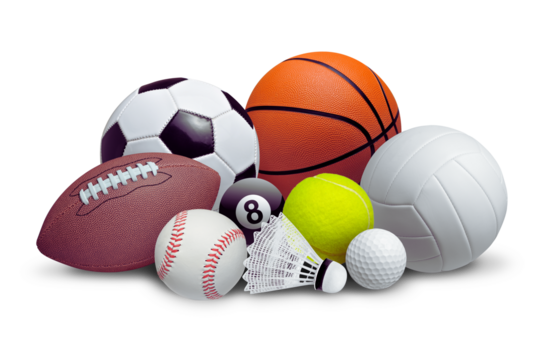 Collection of various sports balls and equipment in a vibrant display