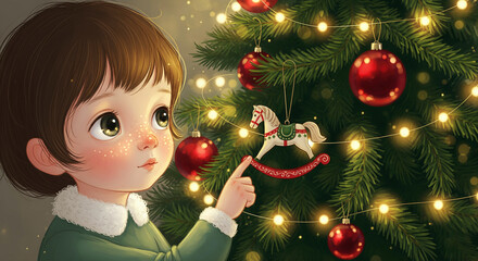 Child decorates Christmas tree with ornaments and lights. Captivating illustration of holiday joy and innocence. Festive season, childhood dreams, yuletide spirit.