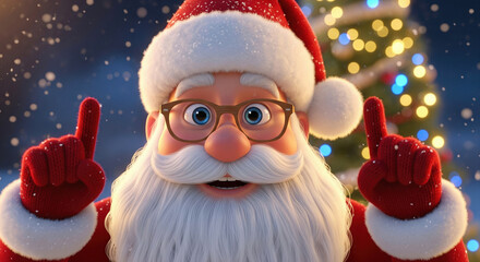 Santa Claus points upwards in front of Christmas tree with twinkling lights. A festive close-up shot conveying holiday cheer and anticipation. . Christmas spirit, seasonal joy, winter celebration.