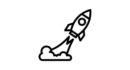 Outline rocket launching upwards with smoke trail and transparent background