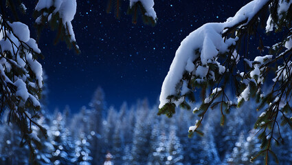 Winter Night in the Forest: A serene winter night unfolds, where snow-laden evergreen branches frame a vista of a frosted forest under a starlit sky, evoking peace and stillness.