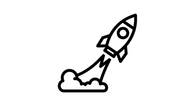 Outline rocket launching upwards with smoke trail and transparent background