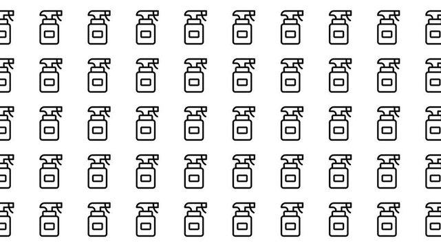 Repeating pattern of spray bottle icons in black and white. Suitable for cleaningrelated designs, backgrounds, or hygiene products ads.
