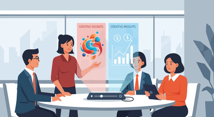 A diverse business team collaborates in a modern office, analyzing creative insights and financial data projected holographically during an innovative meeting.