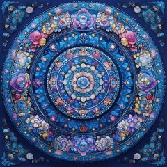 Fototapeta premium Intricate circular mandala design with gemstone and floral motifs in shades of blue, pink, and gold