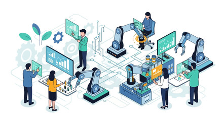 This isometric illustration depicts human workers collaborating with advanced robotic arms and interconnected digital interfaces in a modern automated factory environment.