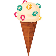 Delicious Vanilla Ice Cream Cone With Colorful Cereal Rings Topping On A Transparent Background