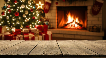 Festive Christmas Ambiance: The warm glow of a crackling fire complements the festive display, featuring a decorated tree and gift-laden scene, symbolizing the spirit of the season