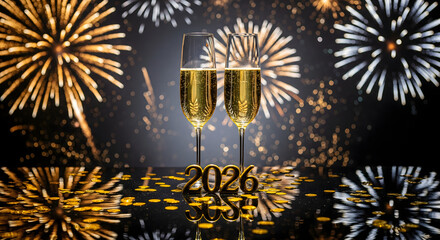 New Year's toast: Two elegant champagne flutes are raised in a celebratory toast against a backdrop of dazzling fireworks, marking the beginning of the New Year. The scene radiates anticipation.