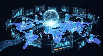 An innovative digital representation of global data centers and interconnected networks, displaying complex analytics and advanced technological infrastructure worldwide.