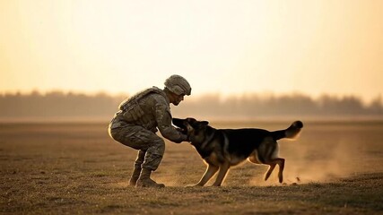 Soldier in Camouflage Gear Playing with German Shepherd Dog in Open Field at Sunset with Warm Golden Light and Soft Horizon Trees