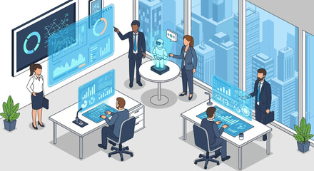Modern business professionals collaborate in a futuristic office, leveraging advanced holographic technology and AI for comprehensive data analysis and strategy.