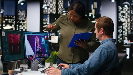 Two graphic editors using AI and software for color retouching, creating professional content for creative industry. Diverse photographers editing photos and materials, text to image. Camera B.