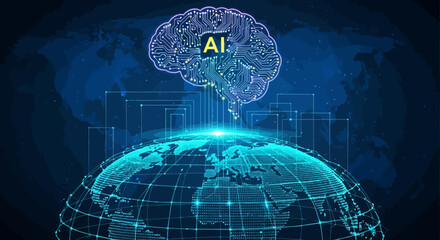 A futuristic digital brain with 'AI' illuminates a glowing global network, symbolizing the profound impact of artificial intelligence on worldwide technology and innovation.