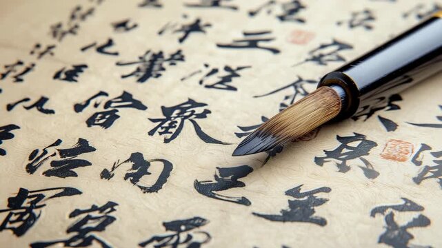 Chinese calligraphy brush on traditional script paper