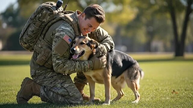 Soldier in Camouflage Uniform Kneeling to Embrace Beloved Dog Outdoors on a Sunny Day with Trees in Background