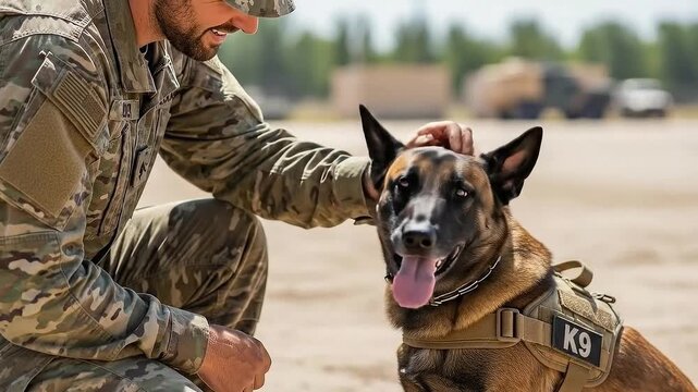 Soldier in Camouflage Uniform Petting Loyal K9 Dog During Outdoor Training Exercise with Blurred Military Vehicles in Background Bright Sunny Day