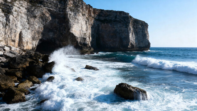 Waves crashing against rocky cliffs and shoreline