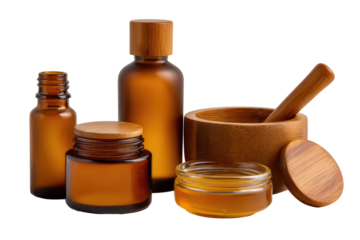 Amber glass bottles and jars with wooden lids, skincare or cosmetic display