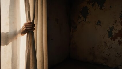 Hand opening a curtain to reveal a dark room.