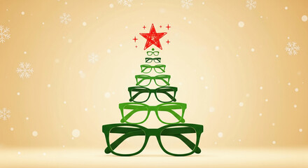 Optical Christmas tree of green eyeglasses on beige backdrop with snowflakes. Whimsical and festive still life. Vision care, holiday spirit, eyewear fashion.