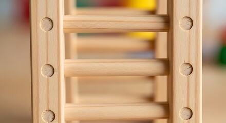 Wooden climbing frame, close up detail showing natural wood texture