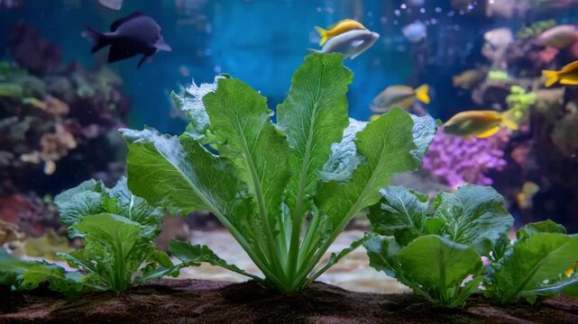 Closeup medium view of leafy greens flourishing in an aquaponic bed above a vibrant fish tank illustrating the symbiotic relationship between aquatic life and hydroponic plants.