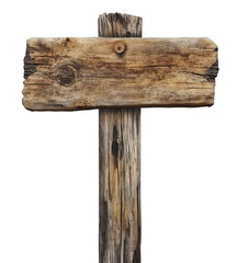 Rustic wooden signpost isolated on transparent background, weathered and aged, offering a blank canvas for messages, directions, or creative expression in nature