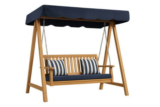 Wooden outdoor swing bench with canopy, comfortable garden furniture, porch relaxation, transparent background
