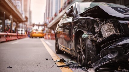 Car accident scene on busy city street during late afternoon, showing damaged vehicle and traffic disruption